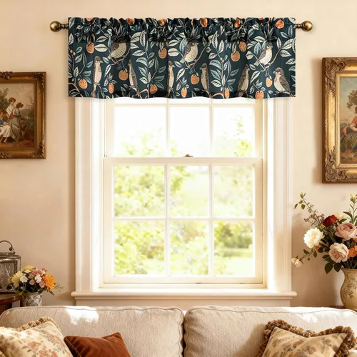 Vista 2 de VOGOL Cenefa de pájaro y bayas, decoración clásica de ventana de campo americano con estampado botánico, cortina de bolsillo para barra fácil