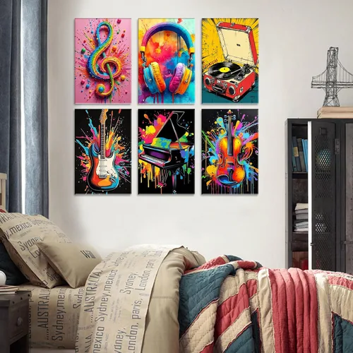 Vista 5 de Aihonmin Graffiti instrumental, paquete de 6 pinturas por números para adultos, kit de pintura musical por números, sobre lienzo para principiantes