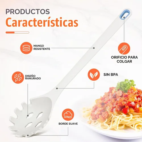 Vista 5 de Juego de 2 utensilios de cocina de silicona para espaguetis y cucharón de Blanco