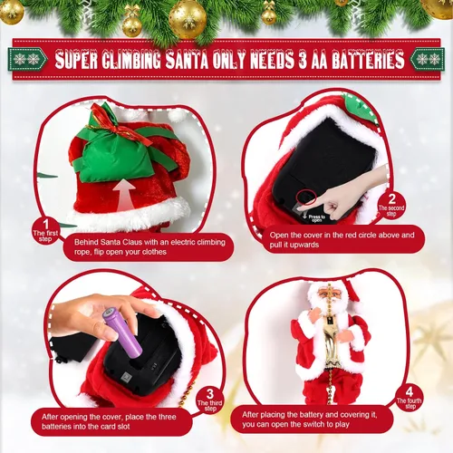Vista 3 de Gfilay Papá Noel escalador con música, adorno colgante de árbol de Navidad, novedad de Papá Noel escalador en cuerda, decoración navideña, gran
