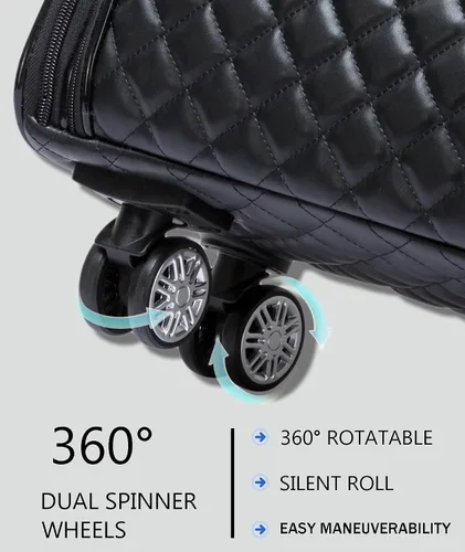 Vista 5 de VH&GRED Maleta de lujo con ruedas universales de 16 pulgadas, ligera, de viaje, pequeña, con costuras de diamante, bolsa de cuero sintético, Negro