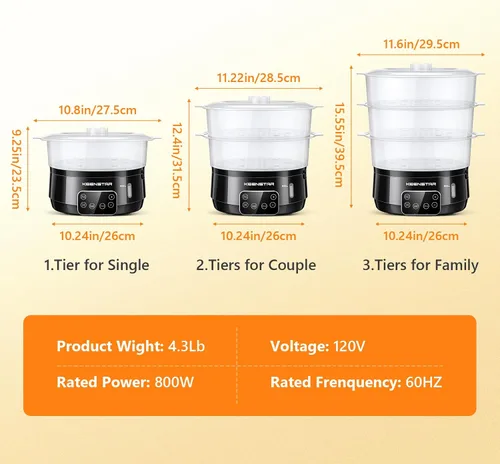 Vista 8 de Vaporizador Eléctrico de 13.7QT para Cocinar, Vaporizador de Vegetales con 3 Niveles Libres de BPA, Vaporizador Digital con Programa, 800W de Cocina
