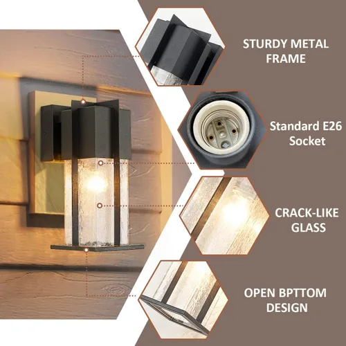 Vista 3 de Lámparas de pared para exteriores con pantalla de vidrio agrietada, moderna lámpara de pared exterior IP65 impermeable, soporte de pared frontal