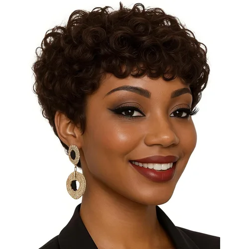 Vista 8 de Cabello rizado Pixie para mujer con flequillo para mujer (negro y rizado) Pixie - Pelucas sintéticas en capas, pelucas cortas para mujeres negras
