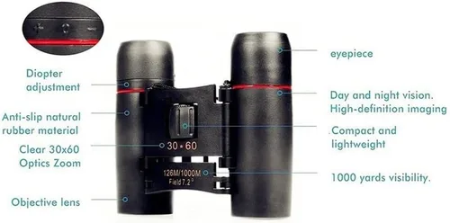 Vista 3 de Mini prismáticos portátiles de 30 x 60, telescopio plegable de ángulo de visión amplio con visión nocturna con poca luz para observación de aves al