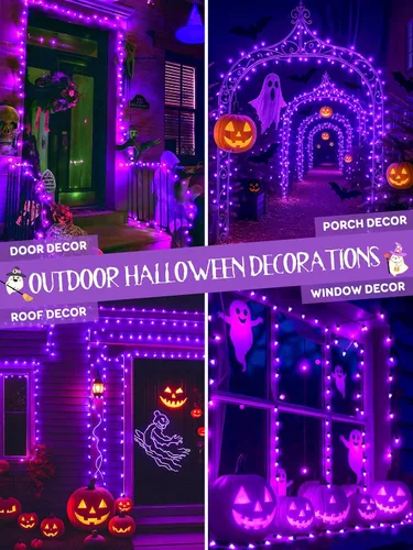 Vista 5 de Guirnalda de luces de Halloween conectables C6 de 250 LED, 82 pies, impermeable, luz morada para exteriores, luz parpadeante de hadas enchufable