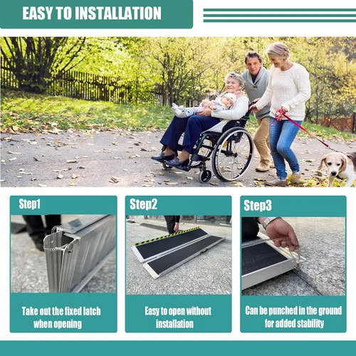 Vista 7 de Rampa plegable portátil de aluminio antideslizante para silla de ruedas, rampa de umbral con una superficie antideslizante, rampa