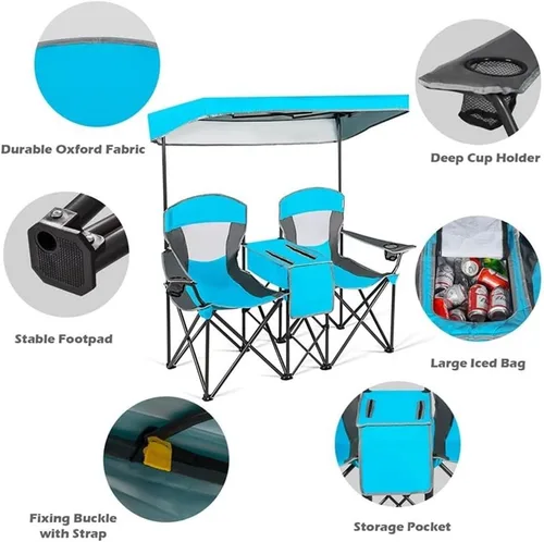 Vista 5 de Pemberly Row Sillas plegables portátiles con toldo para acampar con portavasos azul