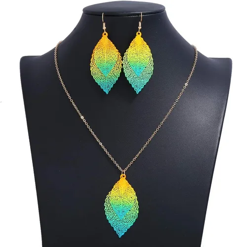 Vista 4 de Caiyao Collar con colgante largo de hoja y aretes colgantes, juego de joyas delicadas y coloridas de filigrana larga, collar único bohemio de doble