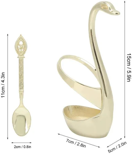 Vista 2 de Juego de cubiertos de cuchara de postre de acero inoxidable elegante para el hogar con soporte en forma de cisne (dorado)