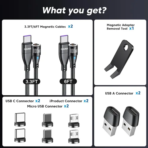 Vista 9 de Cable de carga magnético USB C de 100 W, paquete de 2 (3.3 pies + 6 pies), cable magnético de carga rápida 6 en 1, cable de carga USB C magnético