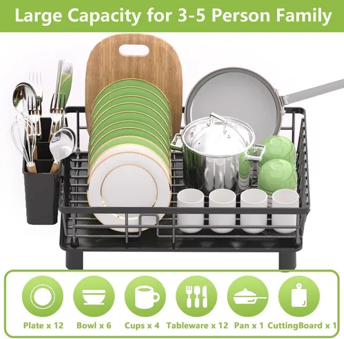 Vista 7 de Escurridor de platos para encimera de cocina, escurridor de acero inoxidable con soporte desmontable para cubiertos, sistema de drenaje automático