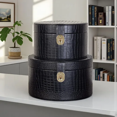 Vista 6 de Juego de 2 cajas decorativas de cuero grandes con tapa para estantes, mesa auxiliar, almacenamiento, control remoto, decoración moderna del hogar