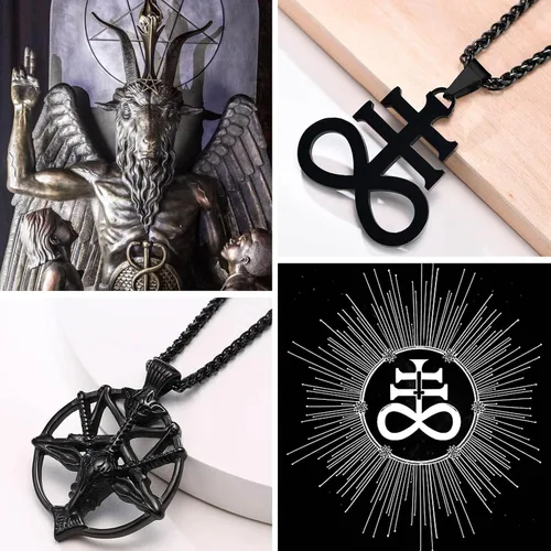 Vista 2 de Collar de Satán con dije de cabeza de cabra baphomet, collar de iglesia de Satanás, sello de baphomet, cabra satánica de Mendes, cabeza de cabra