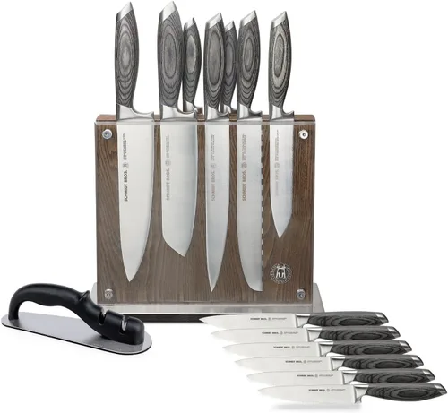 Vista 13 de Schmidt Brothers - Juego de cuchillos de cocina de 7 piezas, cubiertos de acero inoxidable alemán de alto carbono, asas de madera con acabado