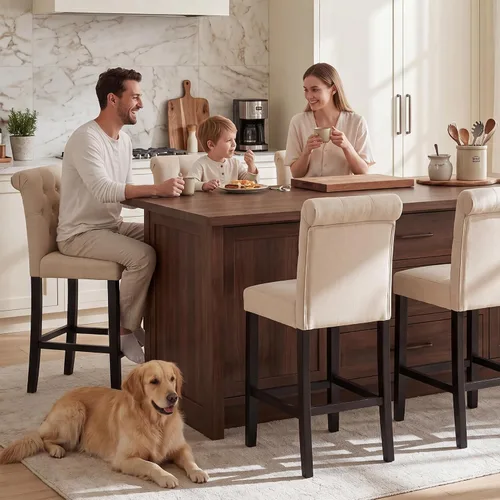 Vista 7 de GOTMINSI Taburetes de tela beige de 24 pulgadas, juego de 2 sillas tapizadas de altura de mostrador con decoración copetuda de estilo ocio