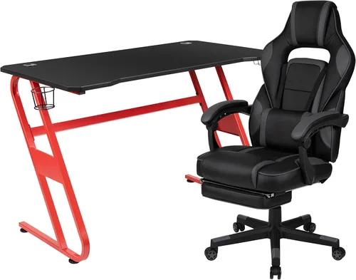 Vista 62 de Flash Furniture Juego de escritorio para juegos negro y silla de carreras blanco/negro con soporte para tazas, gancho para auriculares y soporte