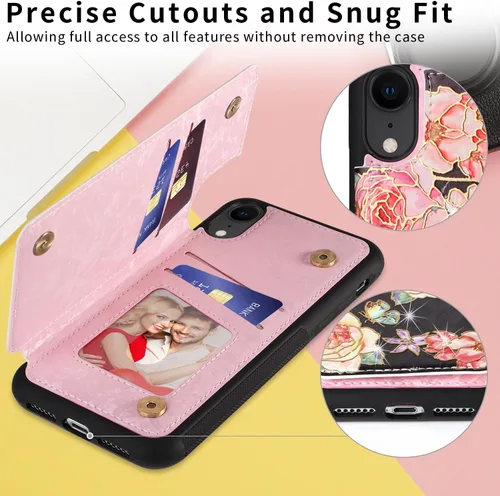 Vista 6 de UEEBAI Funda tipo cartera para iPhone 13 con tarjeteros, piel sintética, diseño floral, función atril, bloqueo RFID, doble cierre magnético, funda