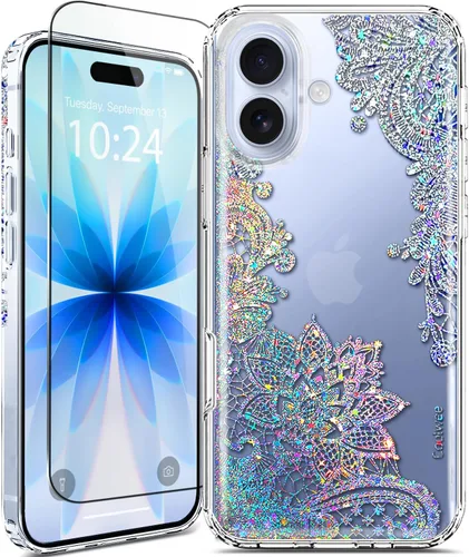 Vista 12 de Funda para iPhone 16, con protector de pantalla, linda para mujeres y niñas, funda protectora de grado militar de 10 pies para iPhone 16, funda