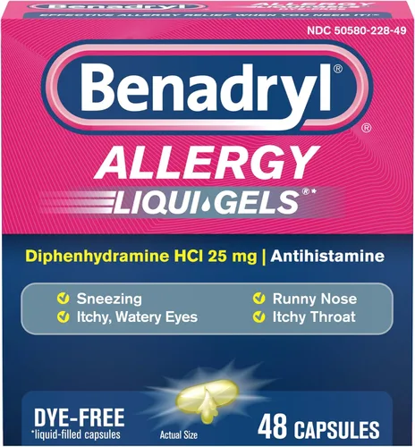 Vista 9 de Benadryl Liqui-Gels Medicine - Cápsulas de gel líquido sin colorantes con 25 mg de antihistamínico de difenhidramina HCl para aliviar la alergia