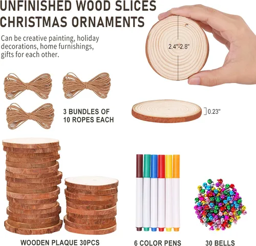 Vista 2 de Max Fun Juego de 30 rebanadas de madera natural de 2.4 a 2.8 pulgadas, adornos de Navidad sin terminar preperforados con agujero, círculos de madera