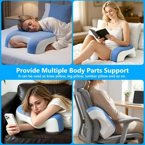 Vista 3 de Almohada cervical ergonómica de espuma viscoelástica para dolor de cuello y hombros, almohada versátil de rodilla, pierna y brazo, azul y blanco