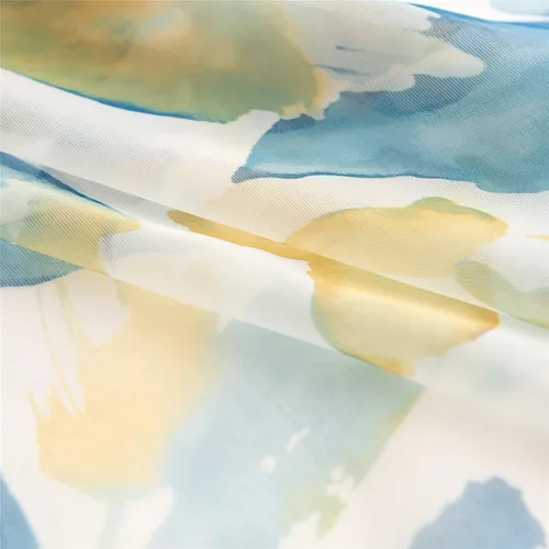 Vista 8 de VISIONTEX Cortinas transparentes con estampado de gasa, estilo abstracto europeo, estampado de hojas azules y amarillas, 2 paneles para decoración