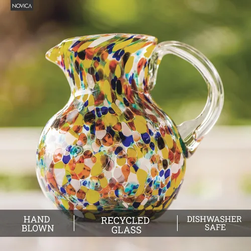 Vista 5 de NOVICA Jarra de vidrio reciclado soplado a mano artesanal multicolor de México 'Confetti' (71 onzas)