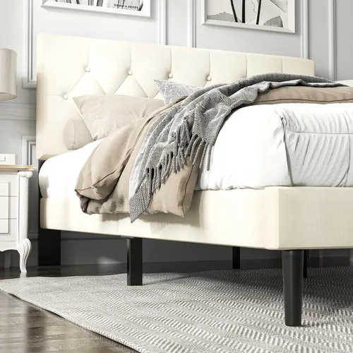 Vista 4 de HAOARA Armazón de Cama de Plataforma Tamaño Completo con Cabecera Tapizada con Botones Capitoné, Base de Colchón con Soporte de Listones de Madera