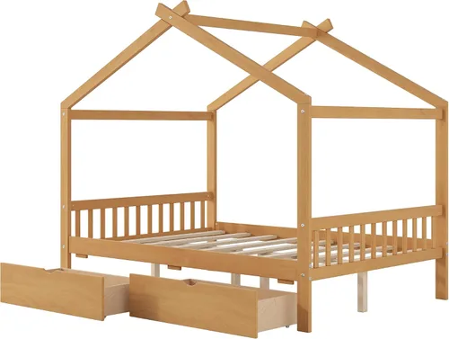 Vista 9 de Merax Cama de plataforma de tamaño matrimonial con dos cajones, marco de cama de madera con diseño de techo con cabecera y estribo, no necesita