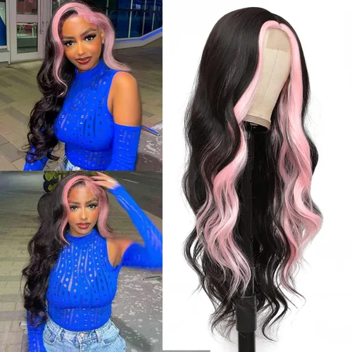 Vista 6 de Peluca de cabello sintético ondulado con encaje frontal, peluca marrón con reflejos rubios, pelucas largas onduladas de 28 pulgadas para mujeres