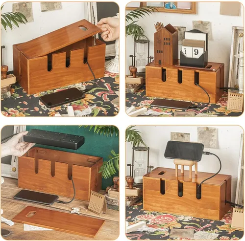 Vista 8 de Wooden Cable Organizer Box with Router Cover and Charger Cord Organizer for Desk Power Strip Management, Natural Wood Cord Management for Home