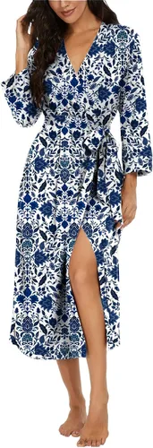 Vista 7 de VINTATRE Bata tipo kimono para mujer, bata larga de punto, ligera, suave, ropa de dormir con cuello en V, casual, ropa de descanso para mujer Verde