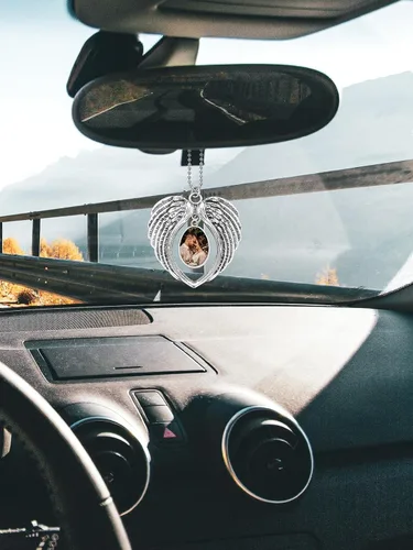 Vista 5 de Zysta Adorno para colgar en el automóvil, alas de ángel, foto de doble cara, grabado personalizado para colgar en el automóvil, soporte para marco