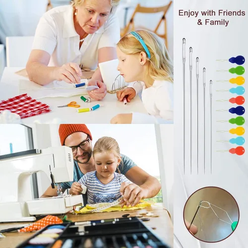 Vista 5 de Agujas de ojo grande para coser a mano, 50 agujas de coser de ojos grandes de alta calidad con enhebradores y tubo de almacenamiento, 5 agujas