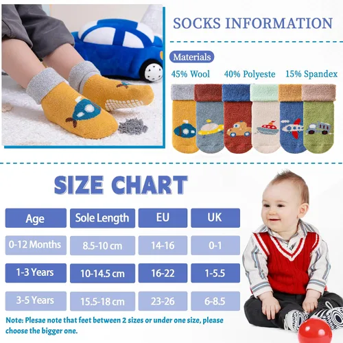 Vista 5 de DoSmart Calcetines antideslizantes para bebés, niños y niñas, cálidos, de lana gruesa, calcetines de invierno con pinzas, 6 pares