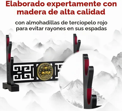 Vista 3 de Soporte para espada Logest - 4 opciones de niveles disponibles - Elaborado con madera, soporte para katana - Acabado en negro con cabeza de león