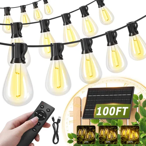 Vista 11 de Tira de luces solares para exteriores de 100 pies con 36+2 bombillas Edison inastillables e impermeables, luces de patio de grado comercial de 2200