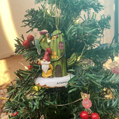 Vista 4 de Casa de cactus y un gnomo pintado a mano, adorno navideño para nuevos propietarios de viviendas, adorno de Navidad en el desierto #1