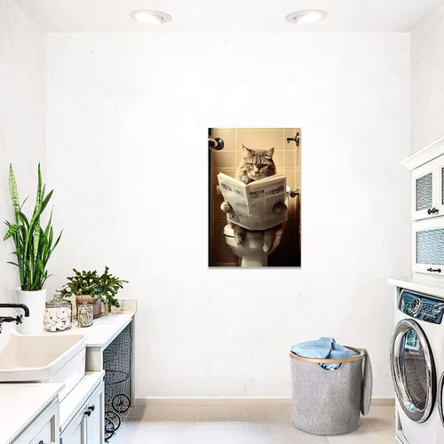 Vista 4 de CCWACPP Divertido lienzo para baño, arte de pared de gato sentado en el inodoro, lectura de periódicos, impresiones de pintura de inodoro, baño