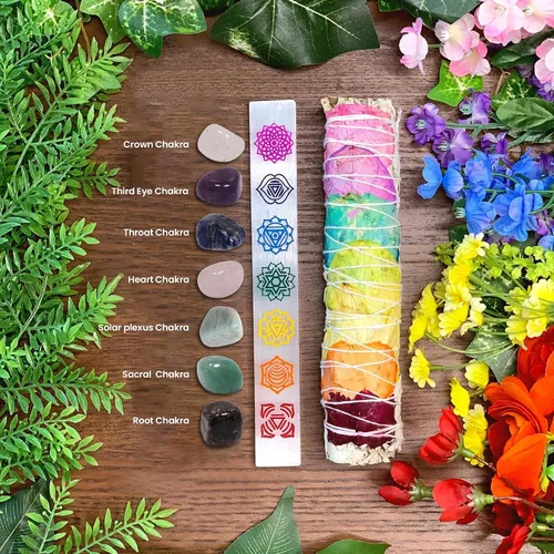 Vista 3 de NAQSH Piedras curativas de 22 piezas, 7 piedras crudas y 7 rodadas, pulsera, varitas, pirámides, conos, colgante, palitos de Palo Santo, ángeles