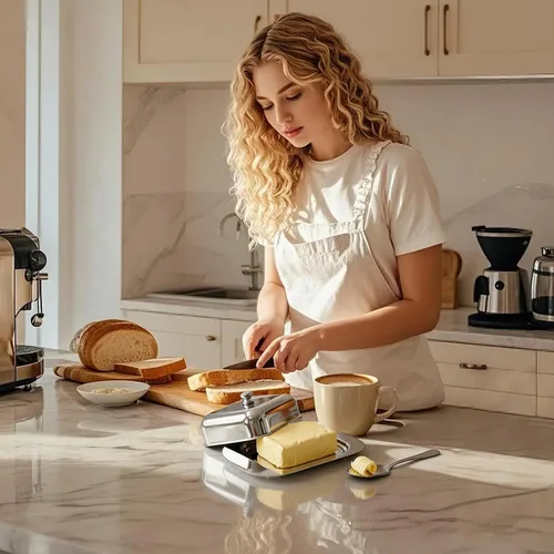 Vista 6 de Mantequillera con tapa, recipiente de mantequilla de acero inoxidable para mantequilla y queso, caja de almacenamiento de mantequilla con asa