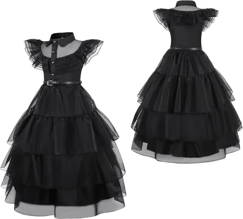 Vista 2 de Leunsyoukin Wednesday Addams - Disfraz de Addams para niños y niñas, disfraz de Halloween para fiesta de cosplay, disfraz de Addams con cinturón