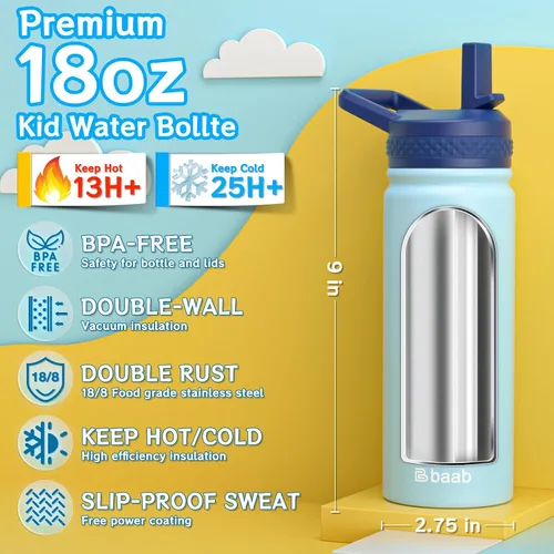 Vista 2 de baab Botella de agua para niños de 18 onzas, botella de agua aislada con popote y calcomanías, taza con popote de agua para niños de acero
