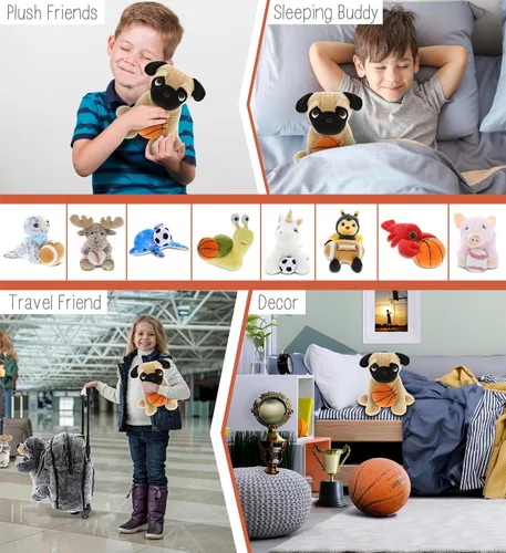Vista 4 de DolliBu Peluche de perro Pug con felpa de baloncesto, perro carlino suave y abrazable, adorable juguete de peluche, juguete de peluche personalizado
