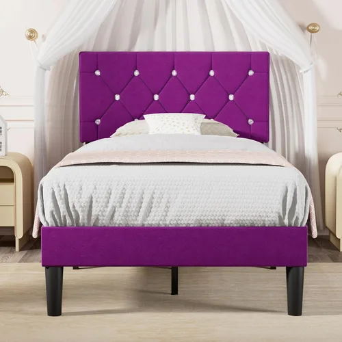 Vista 23 de VECELO Base de cama tamaño individual con plataforma tapizada con cabecera ajustable de botones de diamante, soporte de listones de madera,