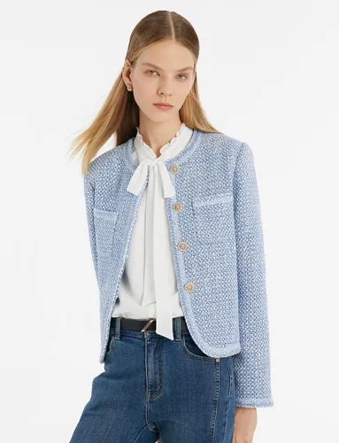Vista 4 de GOELIA Blazer de tweed para mujer, cuello redondo, manga larga, color azul, con dos bolsillos