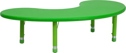 Vista 3 de Mesa de plástico con forma de medialuna de 35" de ancho x 65" de largo para actividades, Tela, Azul