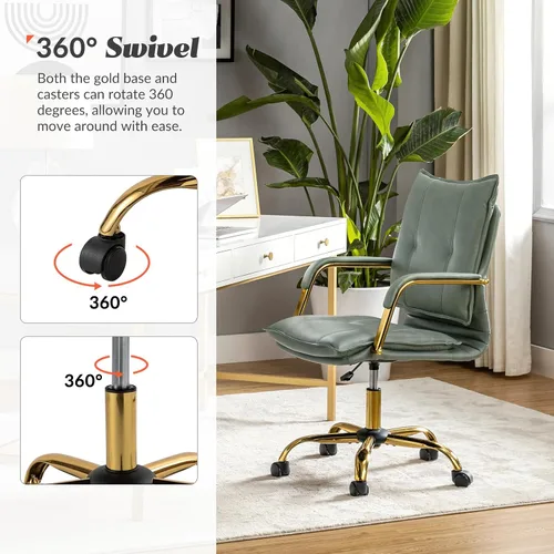 Vista 3 de HULALA HOME Silla de escritorio de piel sintética para oficina en casa, silla giratoria ajustable para computadora con patas y brazos dorados, silla