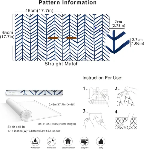 Vista 8 de HAOKHOME Papel tapiz azul marino para despegar y pegar, diseño moderno a rayas para baño, decoración extraíble de espiga de 17.7 pulgadas x 9.8 pies